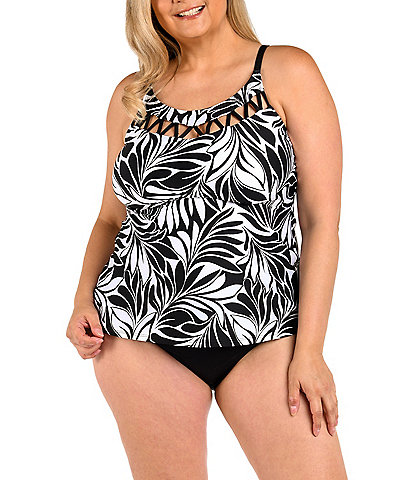 24th & Ocean Plus Size Palm Leaf High Neck Strappy Detail Tankini Swim Top & Spliced Tummy Control Hipster Swim Bottom