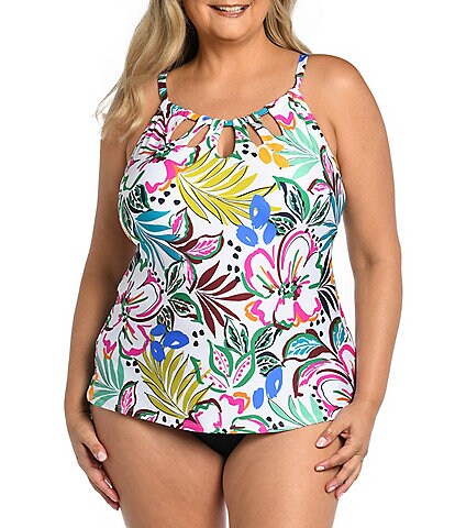 24th & Ocean Plus Size Sketched Floral Keyhole High Neck Underwire Tankini Swim Top & Solid Tummy Control Swim Bottom