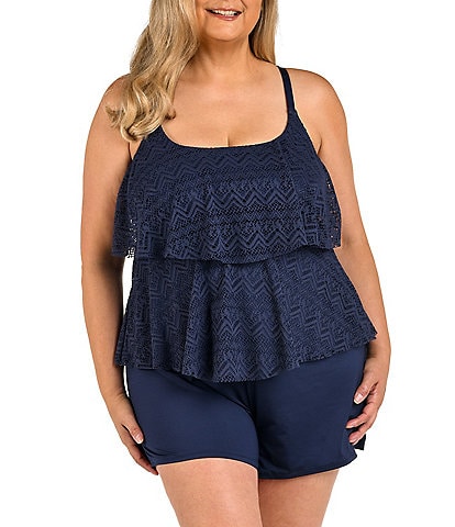 24th & Ocean Plus Solid Crochet Scoop Neck Tiered Ruffle Tankini Swim Top & Solid Elastic Waist Back Pocket Swim Shorts