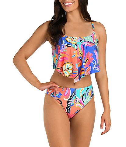 24th & Ocean Prima Paisley Print Scoop Neck Handkerchief Flounce Midkini Swim Top & Mid Rise Tummy Control Swim Bottom