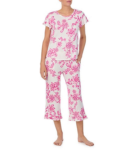 40 Winks Floral Print Short Sleeve Crew Neck Knit Cropped Pajama Set