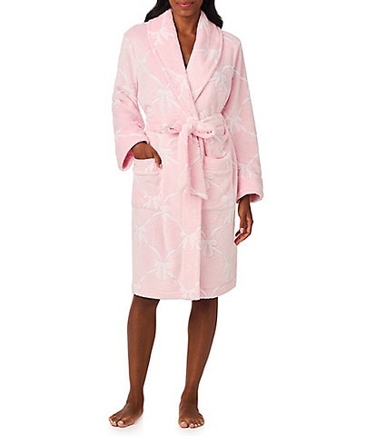 40WINKS Bow Print Shawl Collar Long Sleeve Frosted Jacquard Chenille Short Wrap Robe