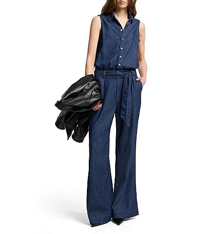 7 For All Mankind Weightless Point Collar Sleeveless Denim Pleated Wide Leg Jumpsuit