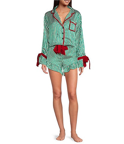 8 Oak Lane Long Sleeve Satin Striped Shorty Bow Holiday Pajama Set