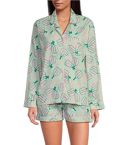 8 Oak Lane Long Sleeve Top Woven Shorty Pickleball Print Pajama Set