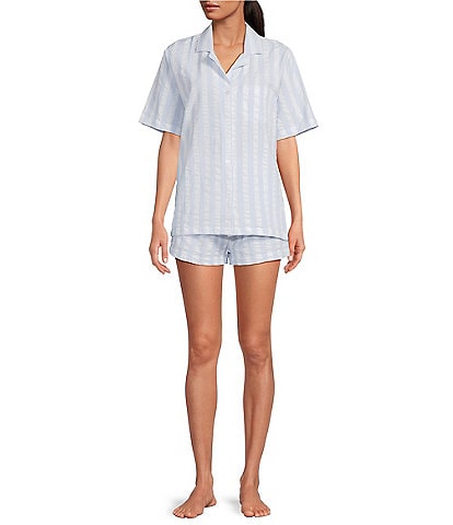 8 Oak Lane Short Sleeve Notch Collar Woven Striped Boxer Short Pajama Set
