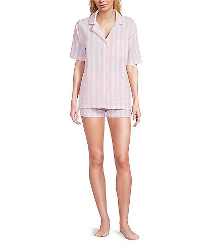 8 Oak Lane Short Sleeve Notch Collar Woven Striped Boxer Short Pajama Set