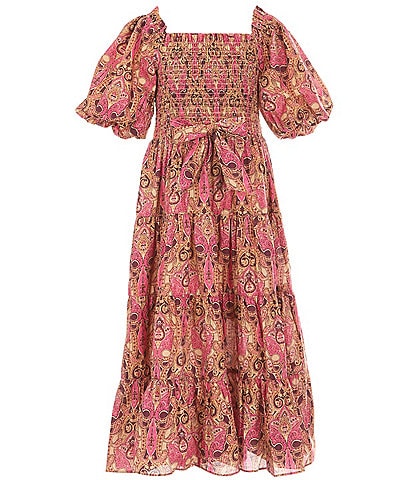 A Loves A Little Girls 7-16 Puff Sleeve Smocked Bodice Multi Color Paisley Print Midi Dress