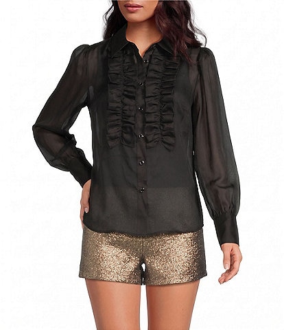 A Loves A Collared Long Sleeve Ruffle Button Up Blouse
