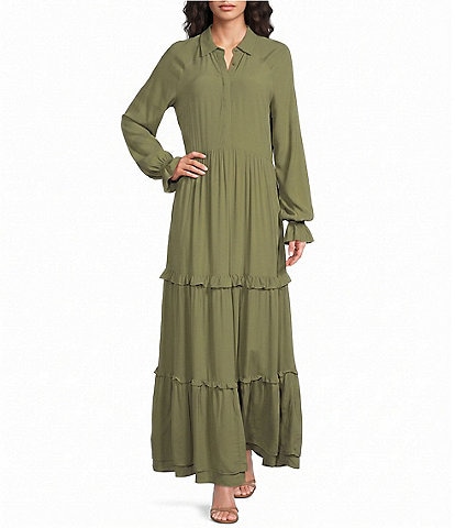 A Loves A Collared Long Sleeve Tiered Maxi Dress