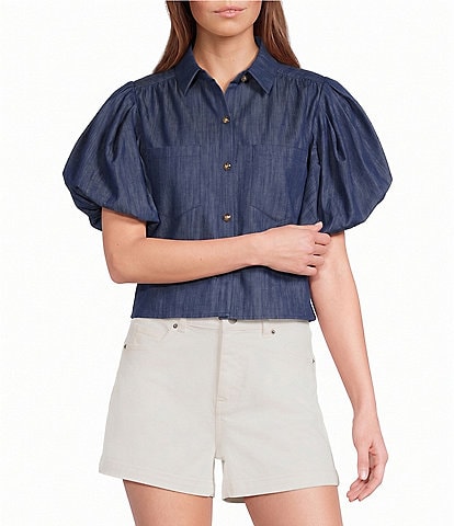 A Loves A Collared Short Bubble Sleeve Button Front Woven Top