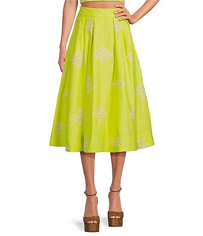 A Loves A Coordinating High Rise Embroidered Pocketed A-Line Midi Skirt