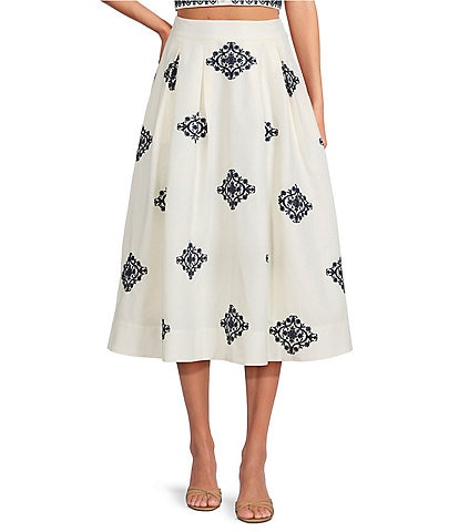 A Loves A Woven Embroidered High Rise Pocketed A-Line Flounce Midi Coordinating Skirt