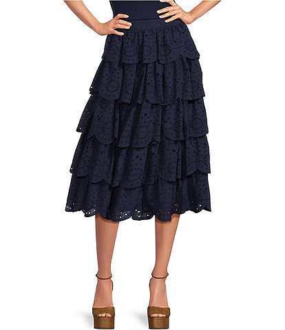 A Loves A Coordinating High Rise Eyelet Embroidered Scalloped Hem Tiered A-Line Coordinating Midi Skirt