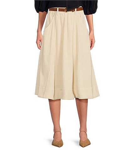 A Loves A Corduroy High Rise Smocked Waist Belted A-Line Midi Skirt