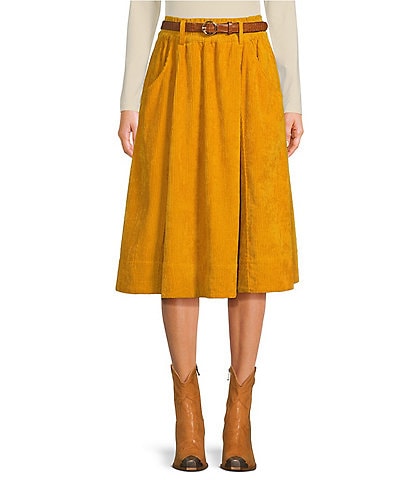 A Loves A Corduroy High Rise Smocked Waist Belted A-Line Midi Skirt