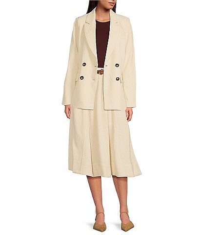 A Loves A Corduroy Notch Lapel Double Breasted Long Sleeve Button Front Blazer & High Rise Smocked Waist Belted Midi Skirt