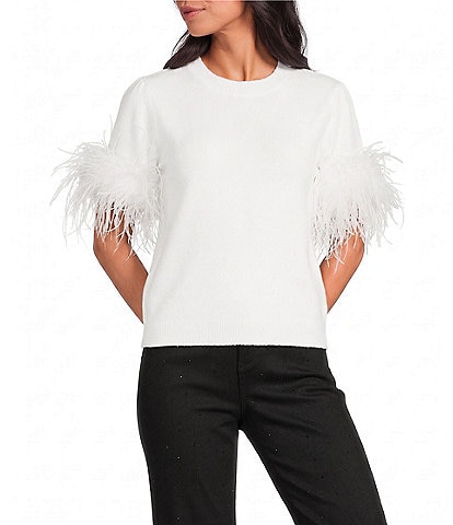 A Loves A Crew Neck Short Sleeve Feather Trim Sweater