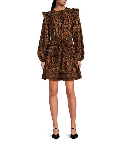 A Loves A Damask Print Voile Ruffle Scoop Neck Long Blouson Sleeve Self-Tie Waist Tiered Shift Above the Knee Dress