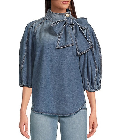 A Loves A Denim 3/4 Puffed Sleeve Pleated Shoulder Tie Neck Denim Top