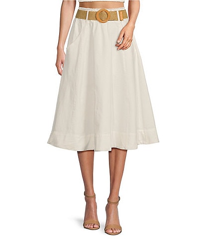 A Loves A Denim High Elastic Waist Belted A-Line Midi Skirt