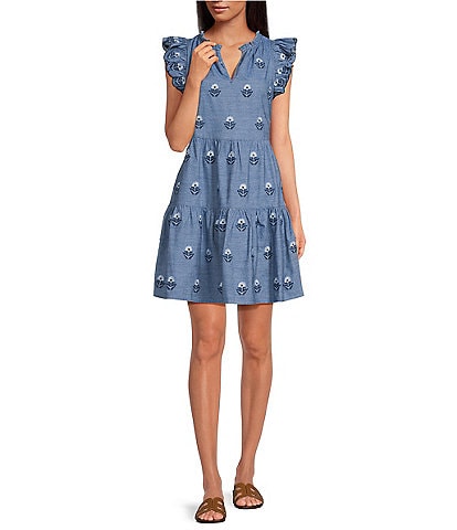 A Loves A Embroidered Floral Print Split V-Neck Ruffle Cap Sleeve Tiered Chambray Mini Dress