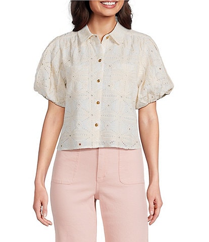 A Loves A Embroidered Shirt Collar Short Bubble Sleeve Button Front Shirt