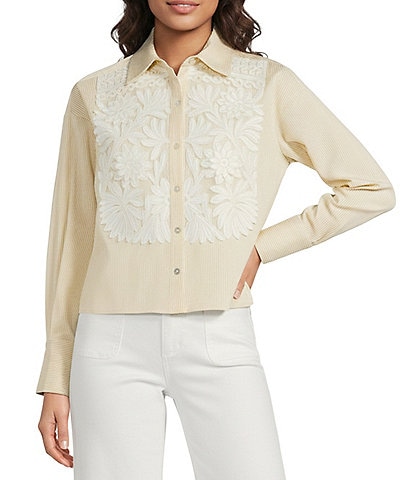 A Loves A Embroidered Stripe Collared Long Sleeve Button Front Top