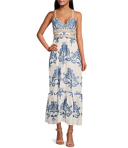 A Loves A Embroidered Voile Sleeveless V-Neck Faux Leather Tie Ruffled Hem Maxi Dress
