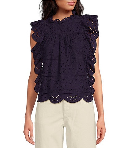 A Loves A Eyelet Embroidered Flutter Sleeve Ruffle Neck Blouse