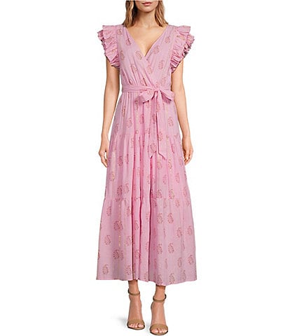 A Loves A Floral Metallic Striped Print Surplice V-Neck Short Ruffled Sleeve Tiered Maxi Dress