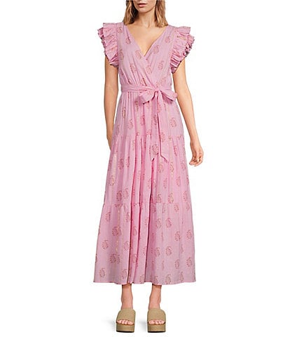 A Loves A Floral Metallic Striped Print Surplice V-Neck Short Ruffled Sleeve Tiered Maxi Dress