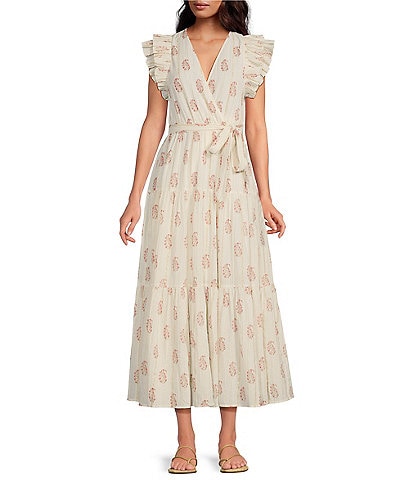 A Loves A Floral Metallic Striped Print Surplice V-Neck Short Ruffled Sleeve Tiered Maxi Dress