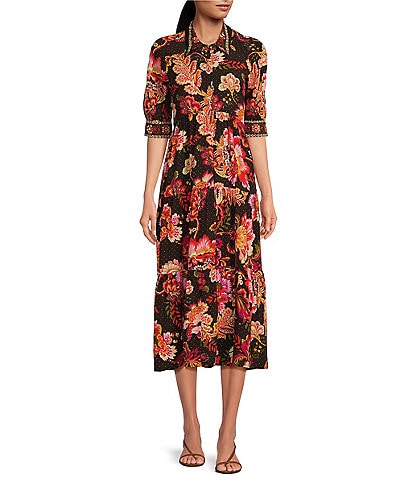 A Loves A Floral Print Button Front Point Collar 3/4 Sleeve Tiered Midi Shirt Dress