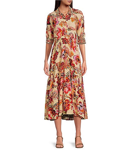 A Loves A Floral Print Button Front Point Collar 3/4 Sleeve Tiered Midi Shirt Dress