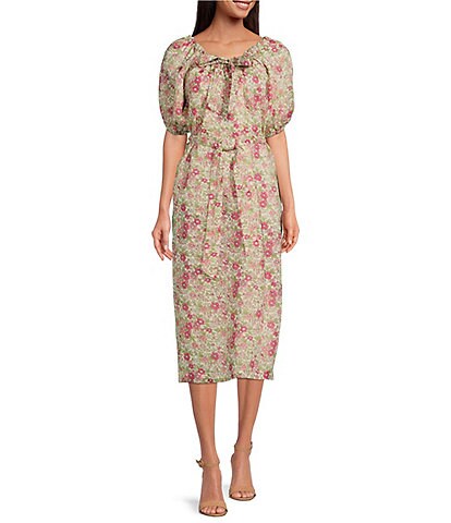 A Loves A Floral Print Tie Front Puff Sleeve Belted A-Line Midi Dress