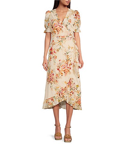 A Loves A Floral Print Voile Short Puffed Sleeve High-Low Ruffled Hem Side Tie Wrap Midi Dress