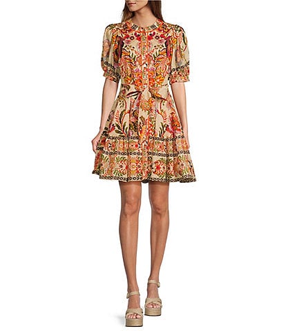 A Loves A Floral Printed Bubble Sleeve Button Front Mini Dress