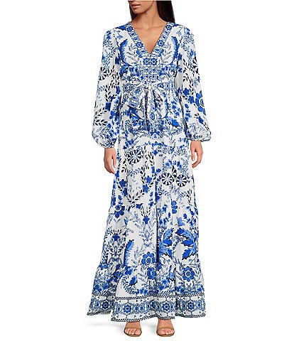 A Loves A Floral Printed Linen Blend Long Sleeve V-Neck Self Tie Maxi Dress