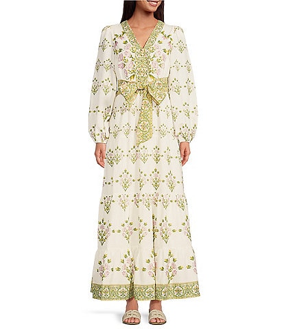 A Loves A Floral Printed Long Sleeve V-Neck Self Tie Maxi Dress