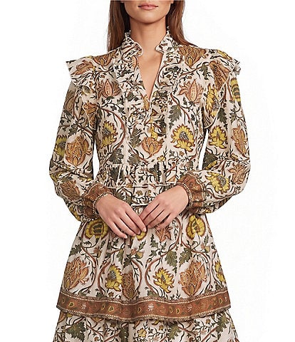A Loves A Floral Printed Ruffle Split V-Neck Long Sleeve Coordinating Blouse