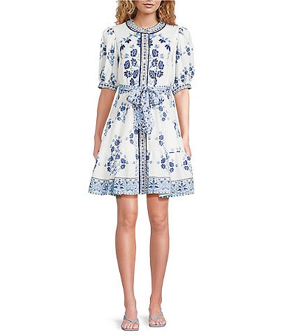 A Loves A Floral Woven Linen Round Neck Short Bubble Sleeve Button Front Tie at Waist A-Line Flounce Mini Dress