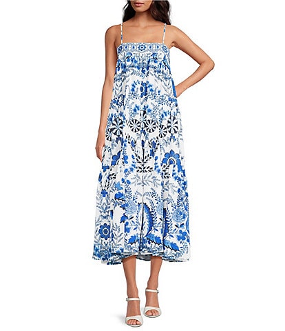A Loves A Floral Woven Spaghetti Strap Square Neck Shift Flounce Midi Dress