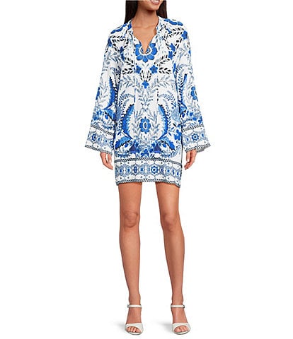 A Loves A Floral Woven Split Round Neck Long Sleeve Mini Tunic Dress