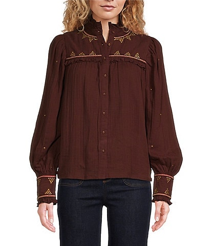 A Loves A Gauze Embroidery Split V-Neck Long Sleeve Button Front Blouse