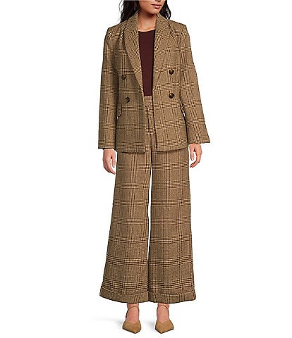 A Loves A Glen Plaid Woven Wool Blend Tweed Notch Lapel Double Breasted Button Front Blazer & High Rise Flat Front Trousers