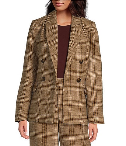 A Loves A Glen Plaid Woven Wool Blend Tweed Notch Lapel Long Sleeve Double Breasted Button Front Coordinating Blazer