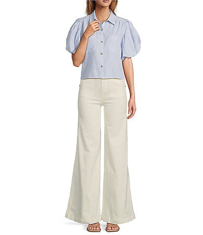 A Loves A Linen Stripe Point Collar Short Bubble Sleeve Button Front Shirt