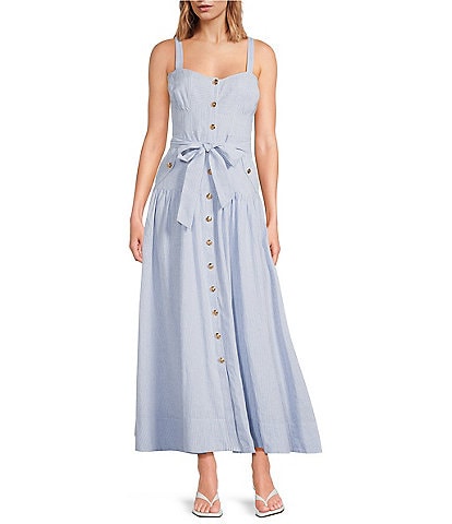 A Loves A Linen Stripe Sweetheart Neck Tank Strap Button Front Tie Drop Waist Flounce A-Line Midi Dress