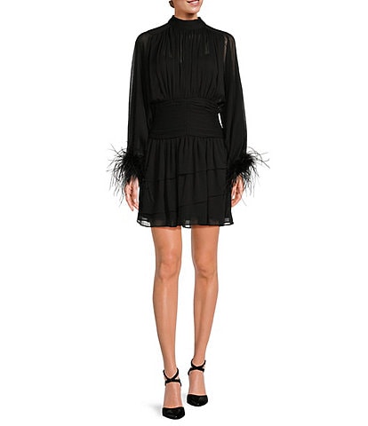 A Loves A Long Sleeve Mock Neck Feather Detail Ruched Mini Dress